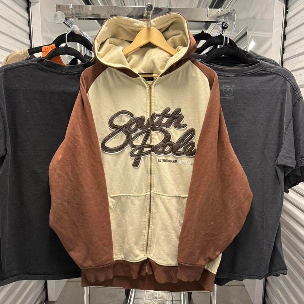 Vintage 2000's Cream and Brown Colored SouthPole Embroidered SpellOut Hoodie